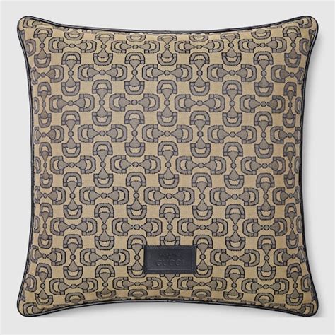 Horsebit cotton jacquard cushion in beige and blue